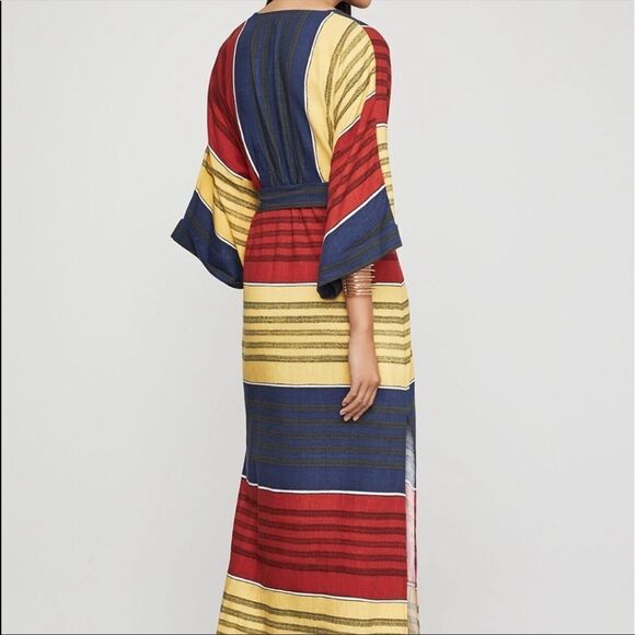 BCBGMAXAZRIA Kimono Striped Faux Wrap Casual Maxi Dress Belt Red Yellow Blue XS - Picture 9 of 11